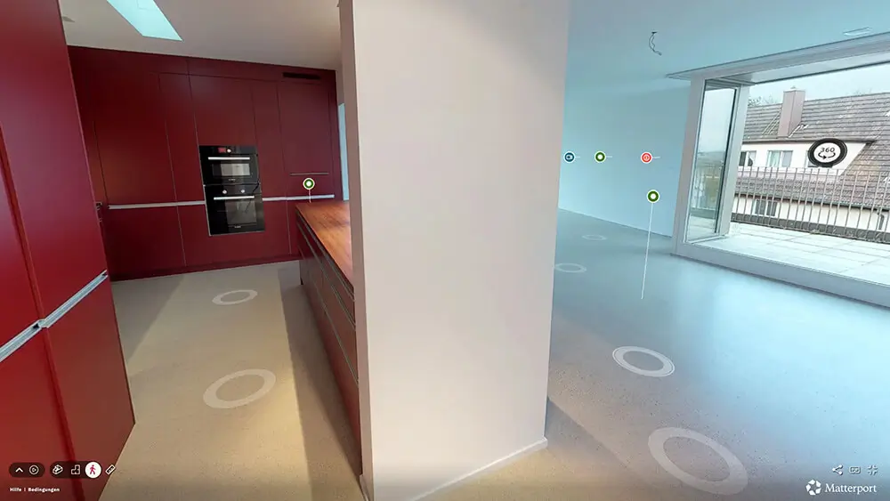 360 Grad Innenaufnahme moderner Küche mit virtuellen Navigationspunkten